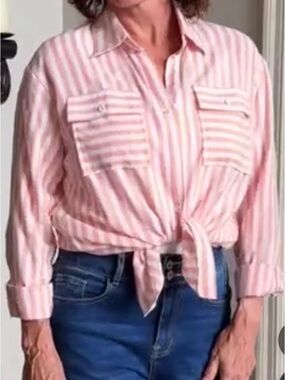 GAP Pink and White Striped Tie-Front Button Down Shirt